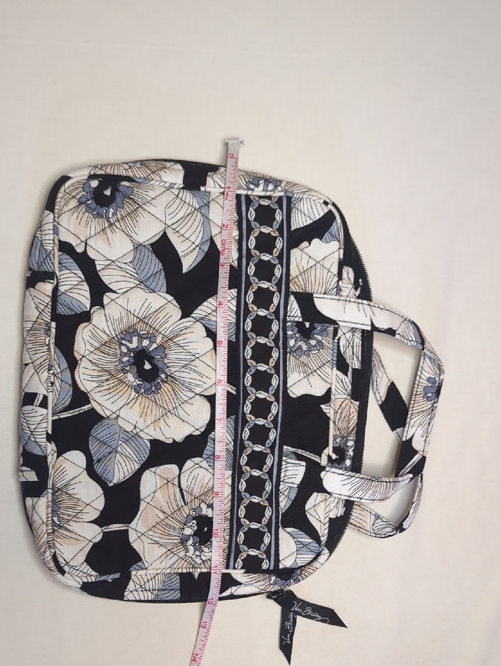 Vera Bradley Black Floral Quilted Book Tote with Cream and Light Blue Accents